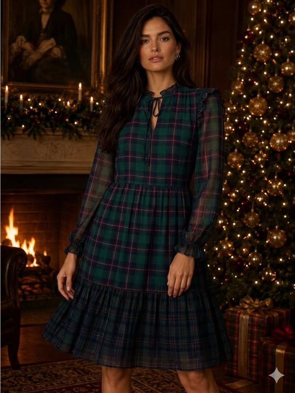 J. Crew XL Black, Red, + Green Tartan Plaid Dress Tie Neck Ruffled Holiday